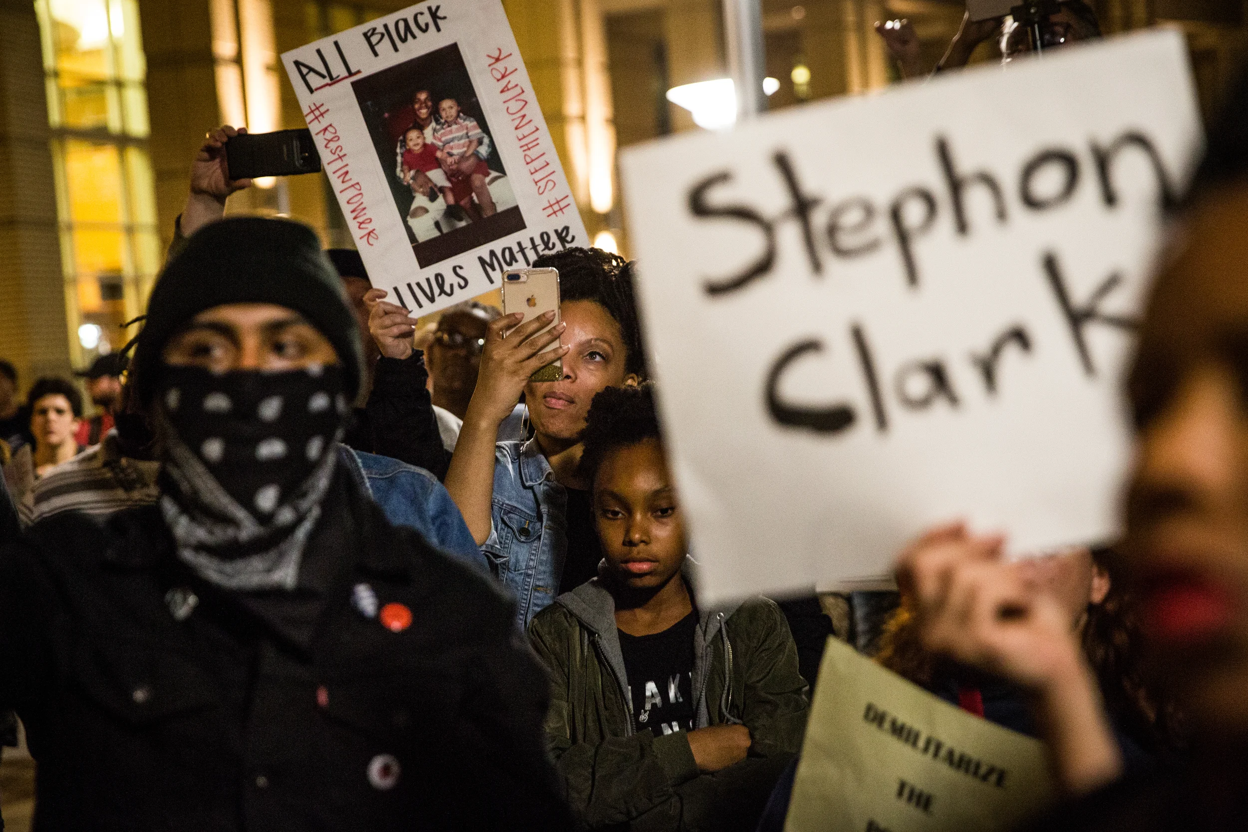 Black Lives Matter activists and community members protest at City Hall in downtown Sacramento on March 30, 2018.