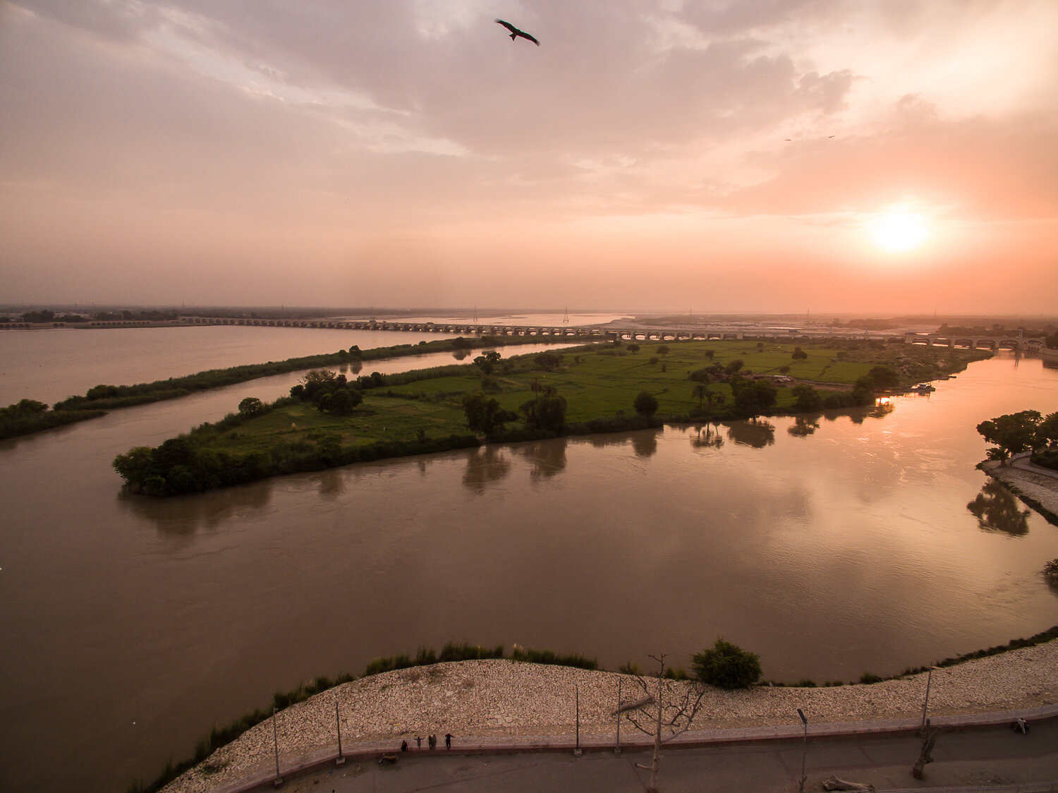  The Indus River and Sukkur Barrage are seen from a drone on Wednesday, October 2, 2019 in Sukkur, Sindh, Pakistan. The Sukkur Barrage helps supply water to the world's largest network of irrigation canals - more than 6000 miles worth. Excessive wate