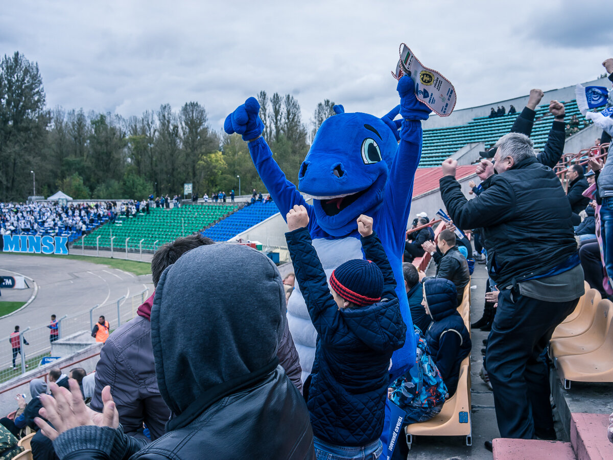  Dinamosha, the mascot of FC Dinamo Minsk, cheers a goal at the team's Traktor Stadium on Sunday, September 25, 2016 in Minsk, Belarus. 