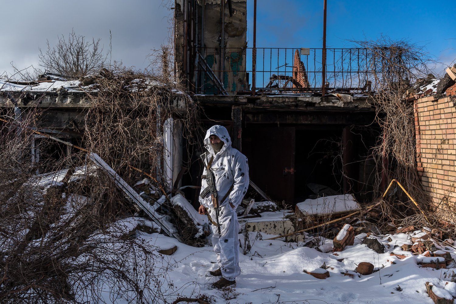  Anatoliy, Ukrainian soldier with the 56th Brigade, on the front line on January 18, 2022 in Pisky, Ukraine. 