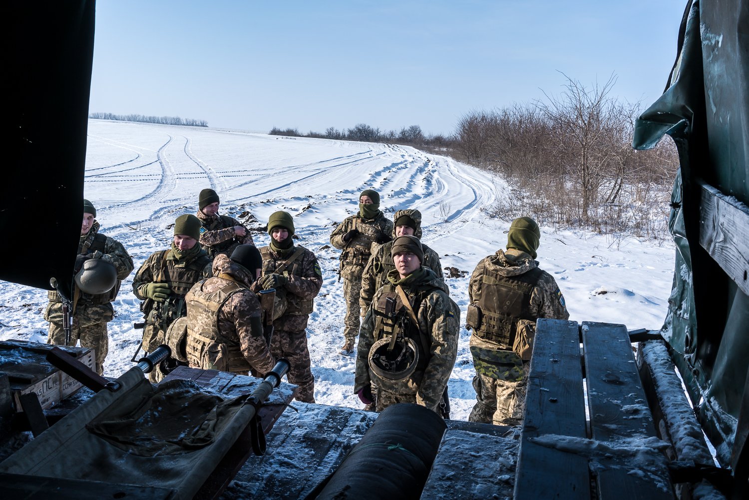  Artillerists from the Ukrainian Army's 53rd Mechanized Brigade train with small arms at a military training site on Thursday, January 27, 2022 in Volnovakha district, Ukraine. 