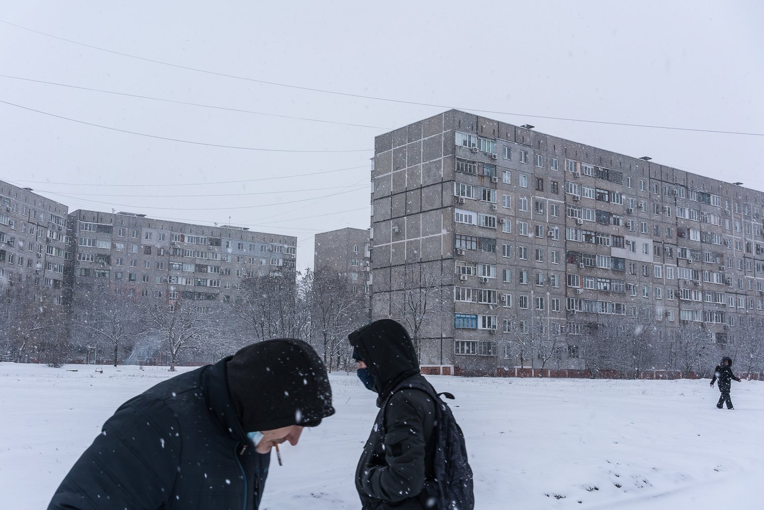  Snow falls in the easternmost district of the city, closest to the front line, on Sunday, February 6, 2022 in Mariupol, Ukraine. 