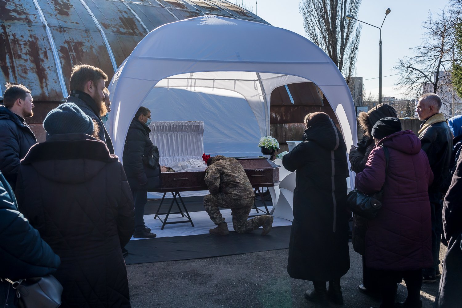  The funeral for Captain Anton Sidorov, a 35-year-old Ukrainian intelligence officer killed three days earlier while serving on the front line in eastern Ukraine, is held at Lukyanivskyi Cemetery on Tuesday, February 22, 2022 in Kyiv, Ukraine. 