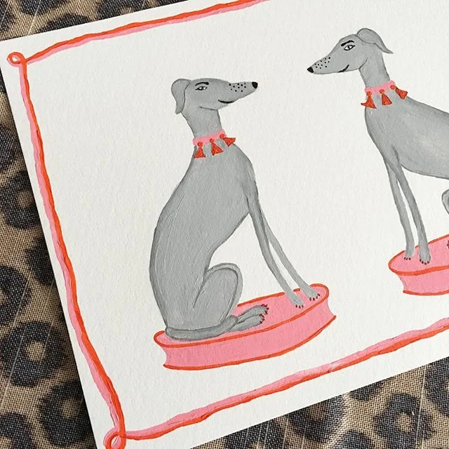 These guys are looking extra happy! #greyhound #dogs #dogsofinsta #prints #border #pinkandorange #tassels #statues #willaheart #instasale #chinoiserie #art #fineart #pink #preppy #fashiondog #glamourous #happy name these dogs and get a free print! #m