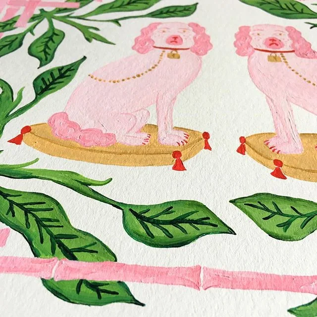 I have been trying to #photograph these guys all day to make #prints and it's not going well. #forsale #preview #fineart #artprints #dogs #palmtrees #palmbeach #palmleaf #staffordshireterrier #chinoiserie #pinkdogs #rednails #sculpture #handpainted #