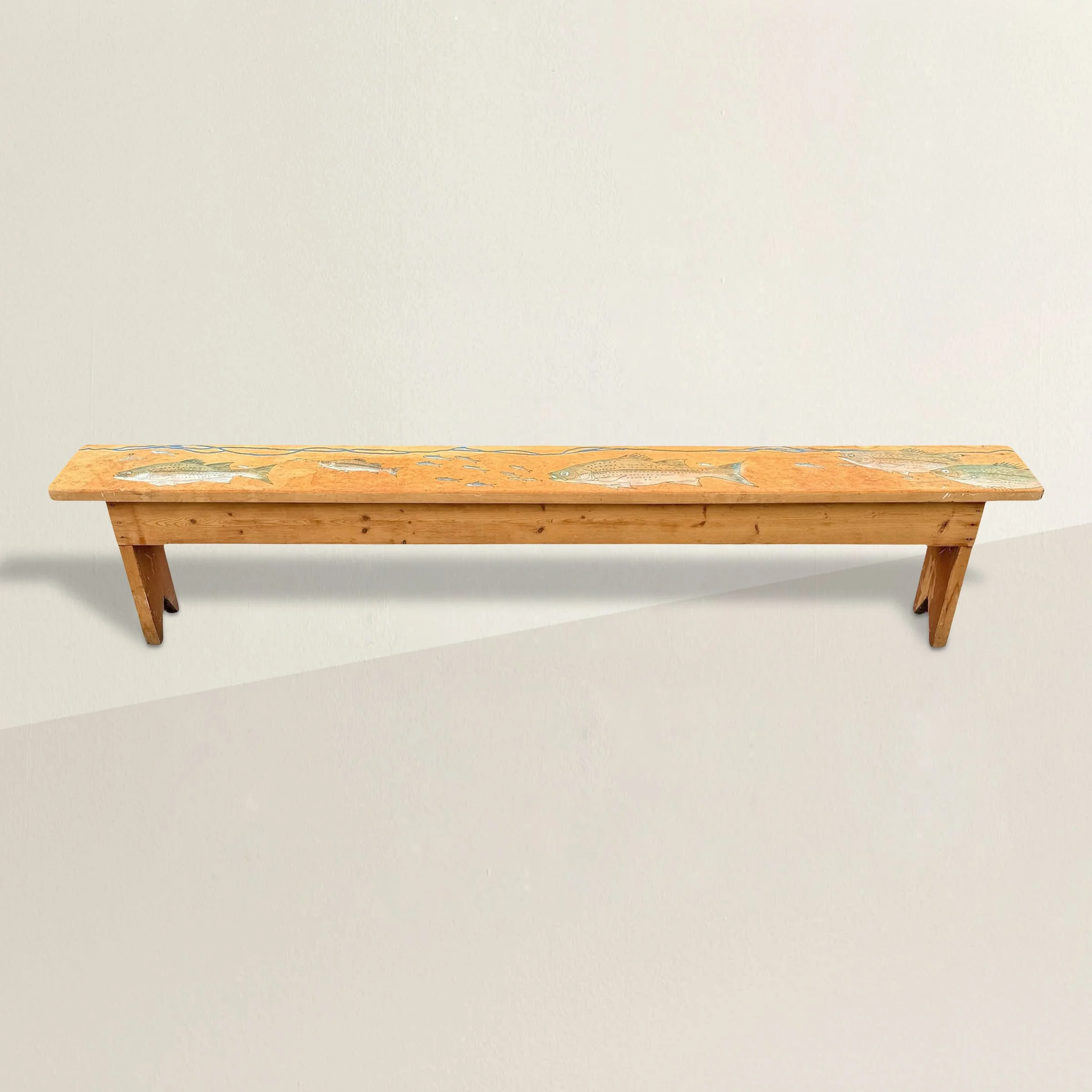 Vintage American Maple Bench with Carved and Painted Fish
