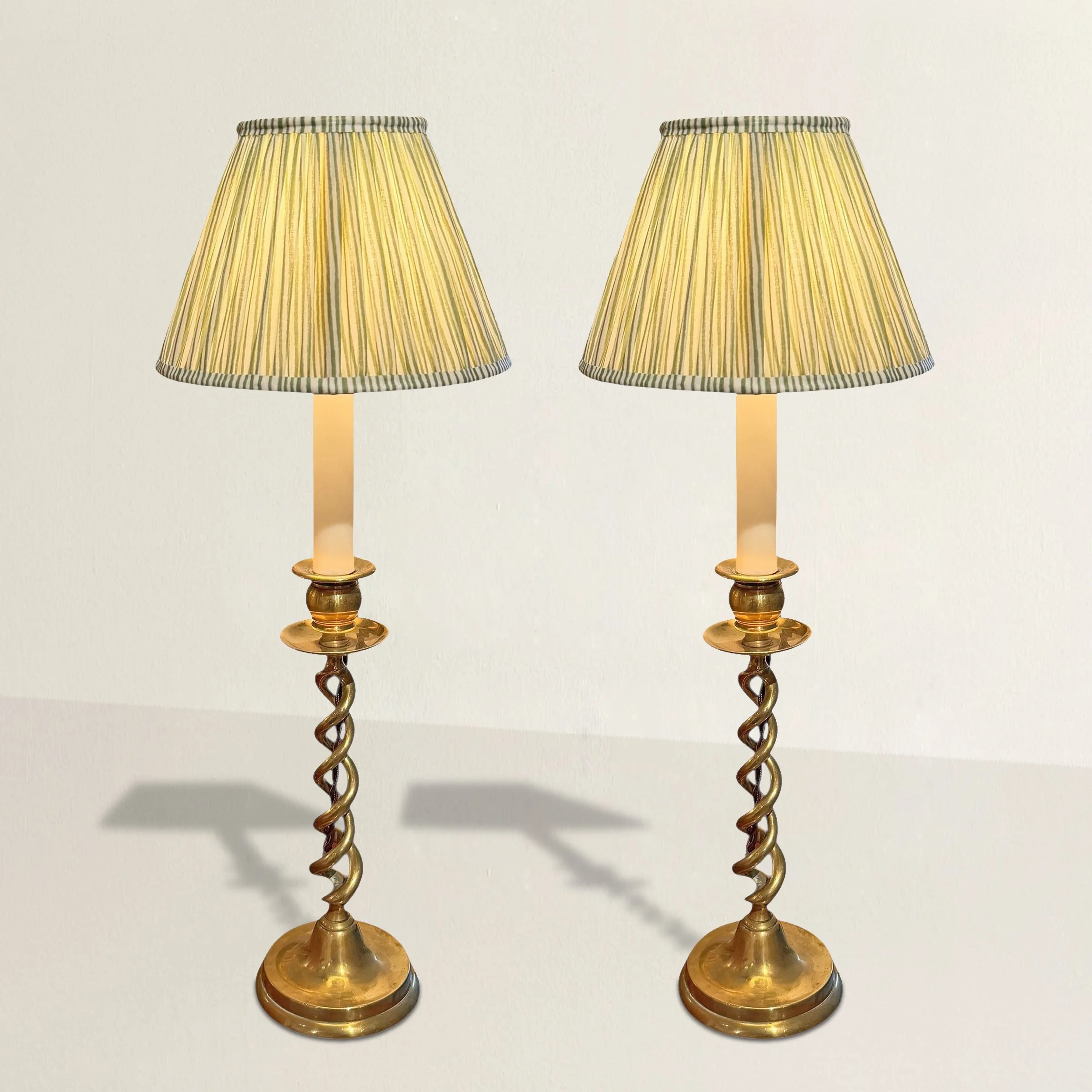 Pair of 18th Century English Brass Barley-Twist Candlestick Lamps
