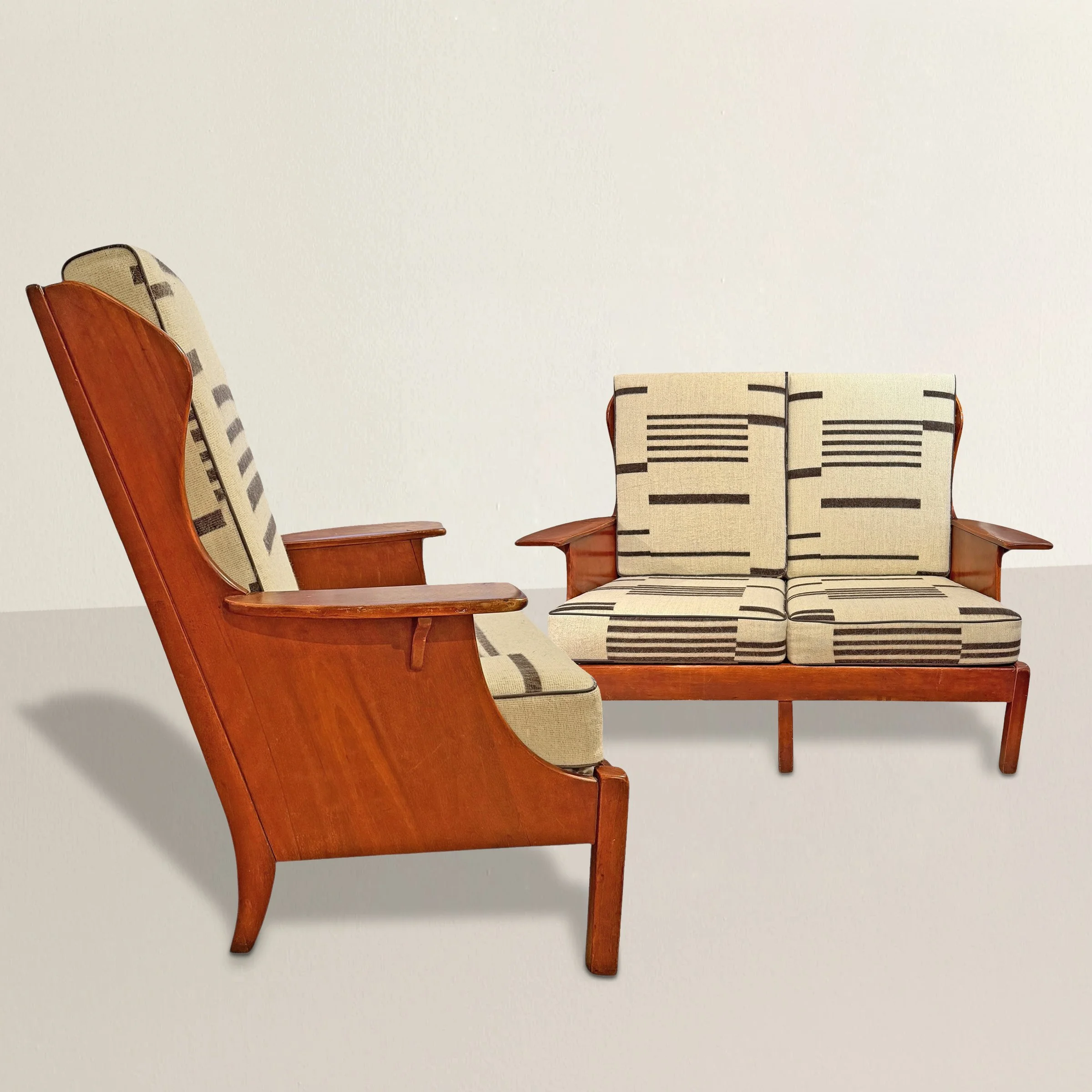 Suite of Vintage Cushman Paddle Arm Wingchair and Matching Settee