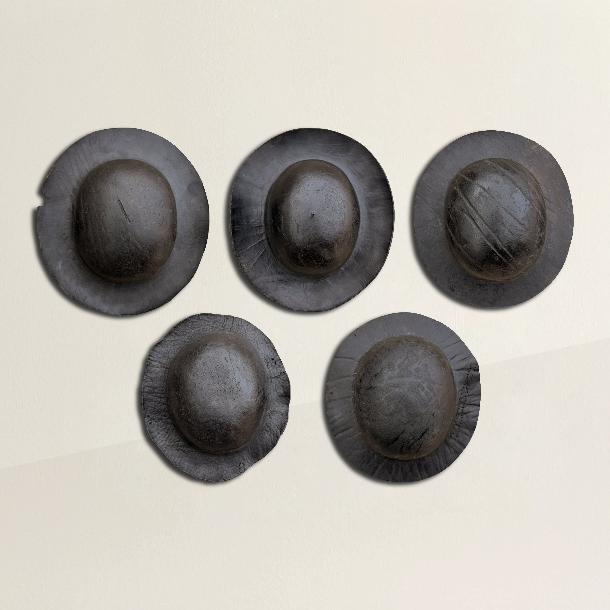 Set of Five 19th Century French Leather Miner's Hats