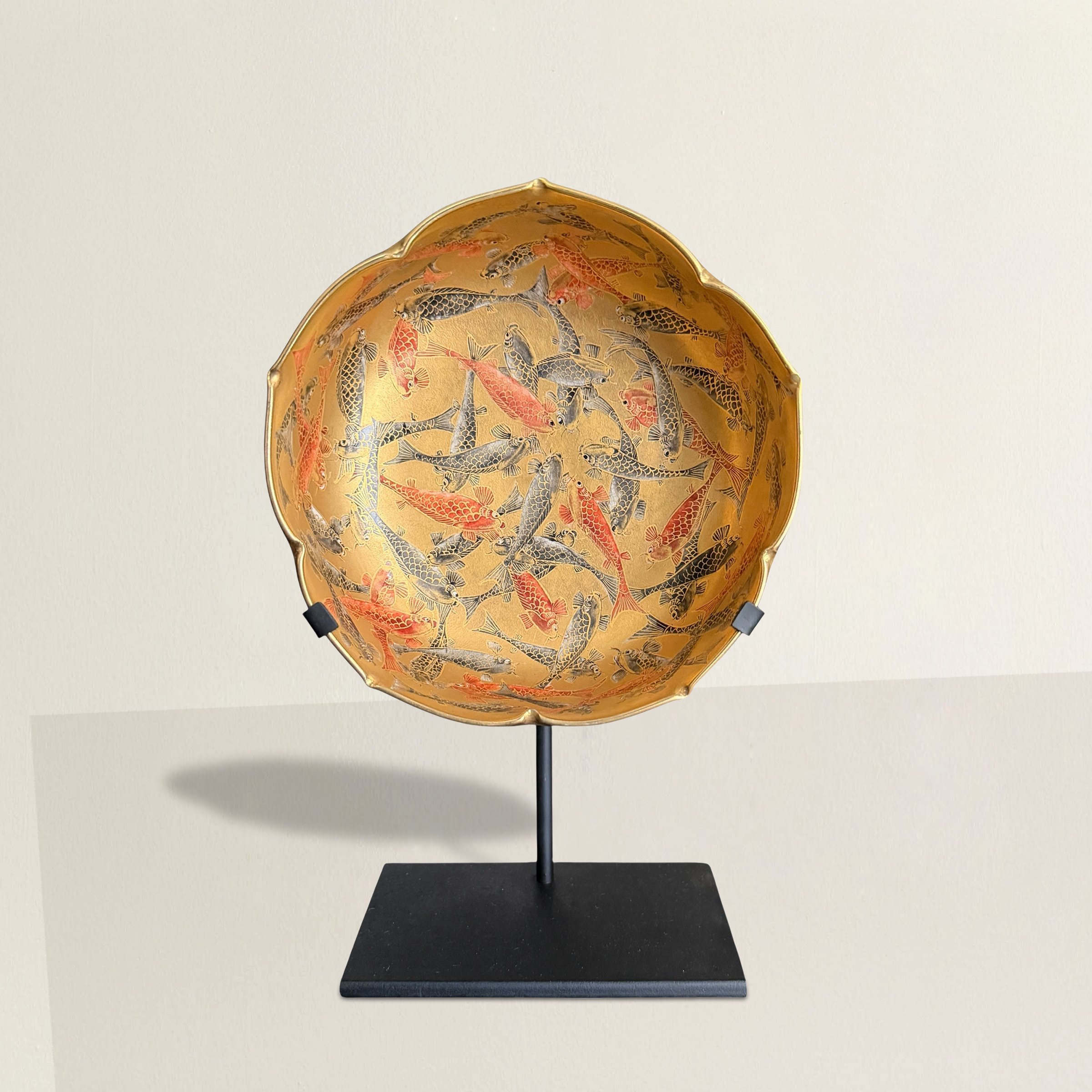 19th Century Japanese Satsuma Lotus Koi Bowl on Custom Steel Mount