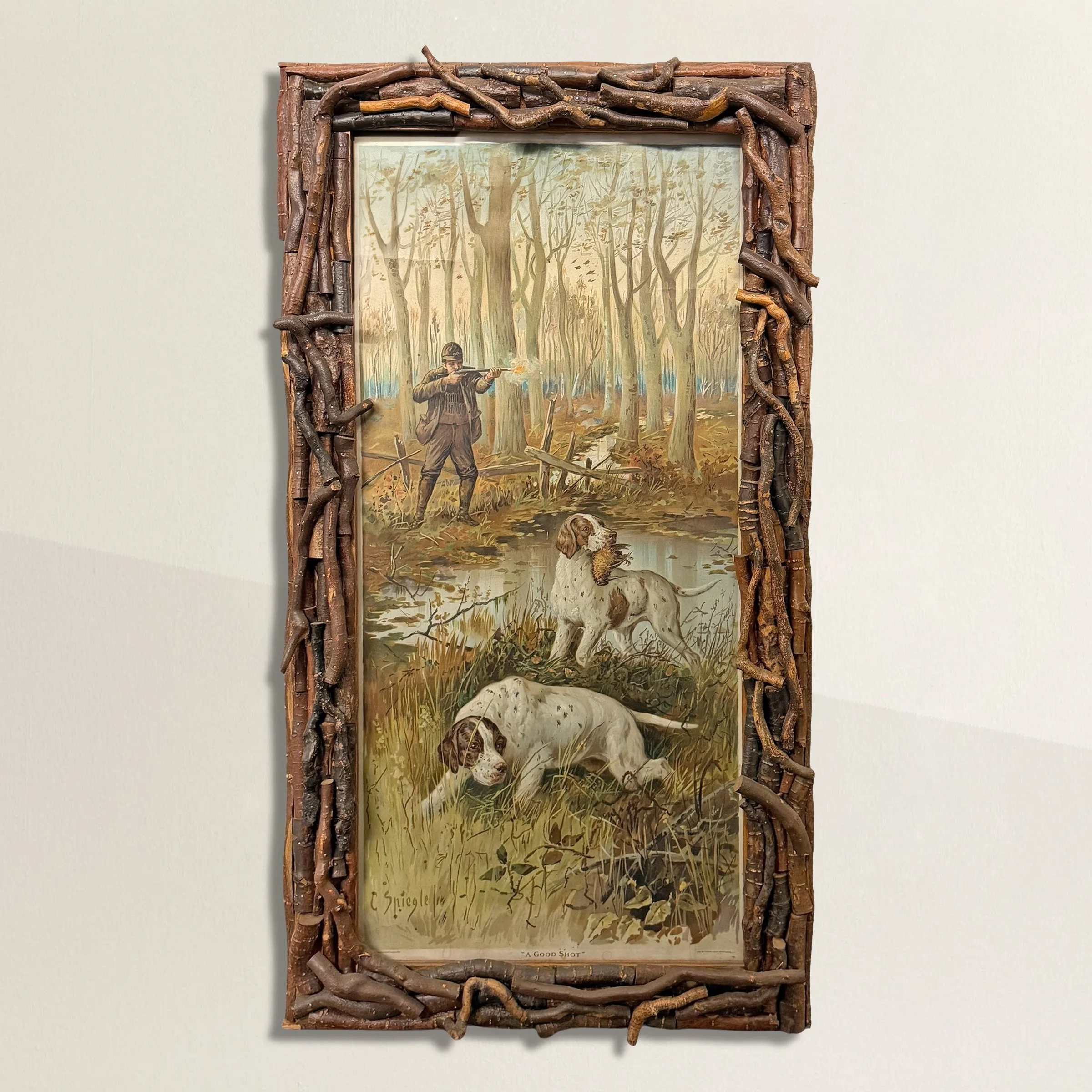 Twig Framed 19th Century Upland Hunt Lithograph Titled 'A Good Shot'