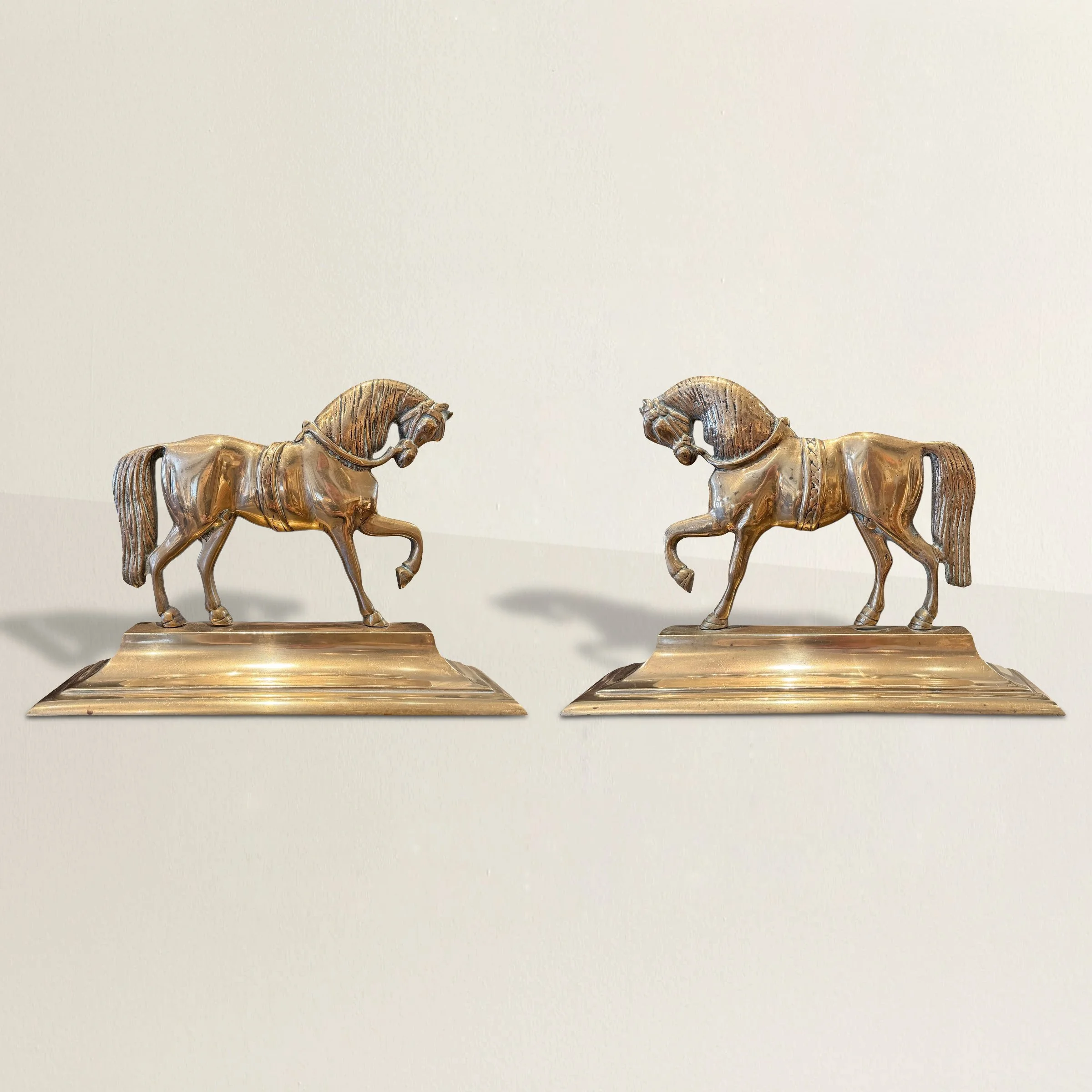 Pair of English BRass Horse Fireplace Oranments.jpg