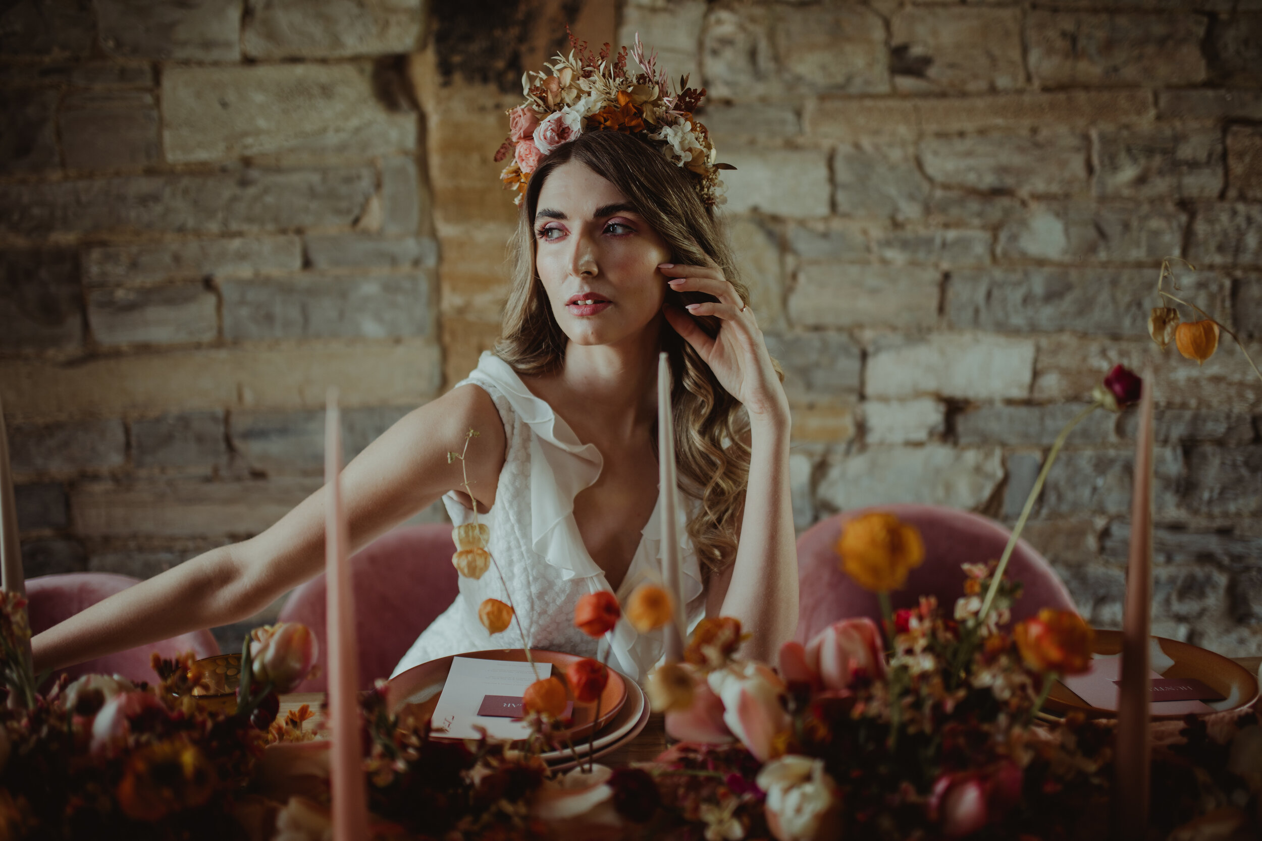 Boho bride with statement flower crown