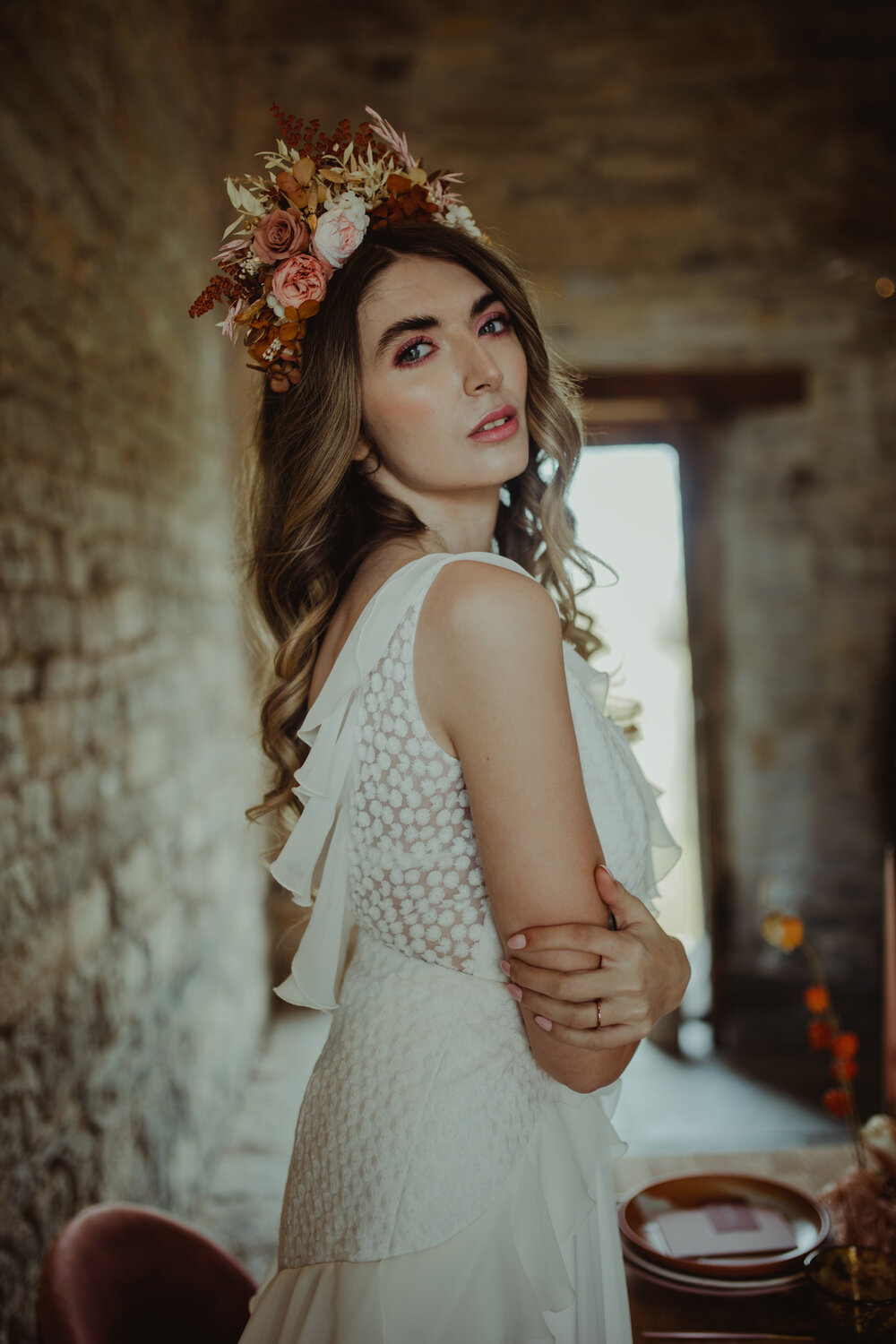 bridal couture gown in rustic barn wedding