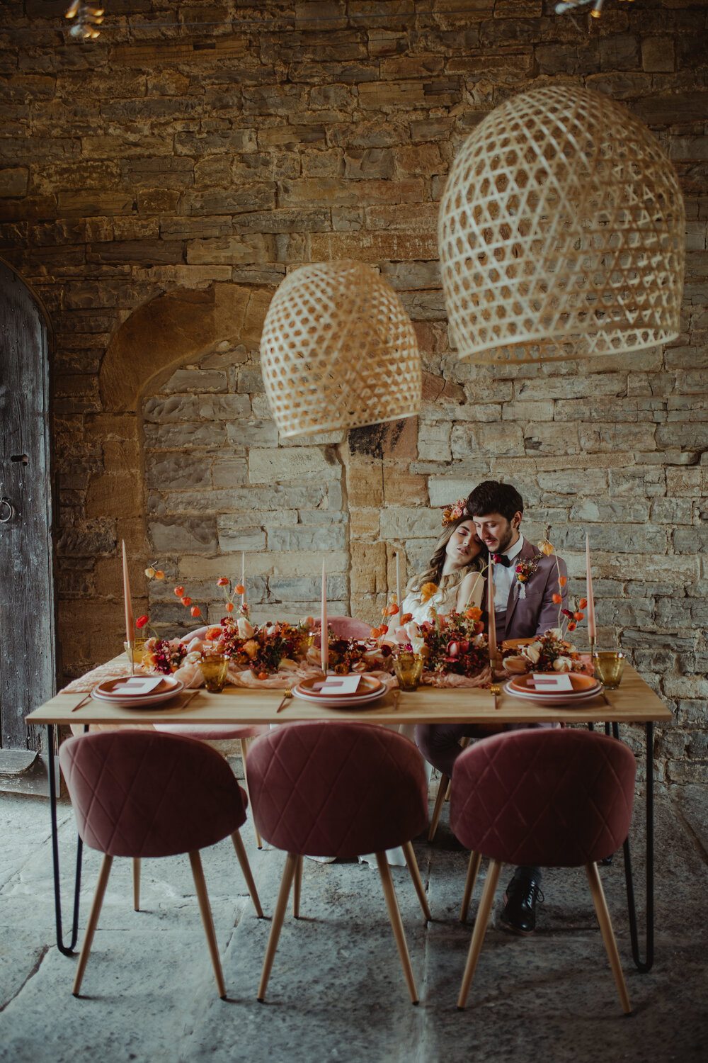 boho table styling with oversized lampshades