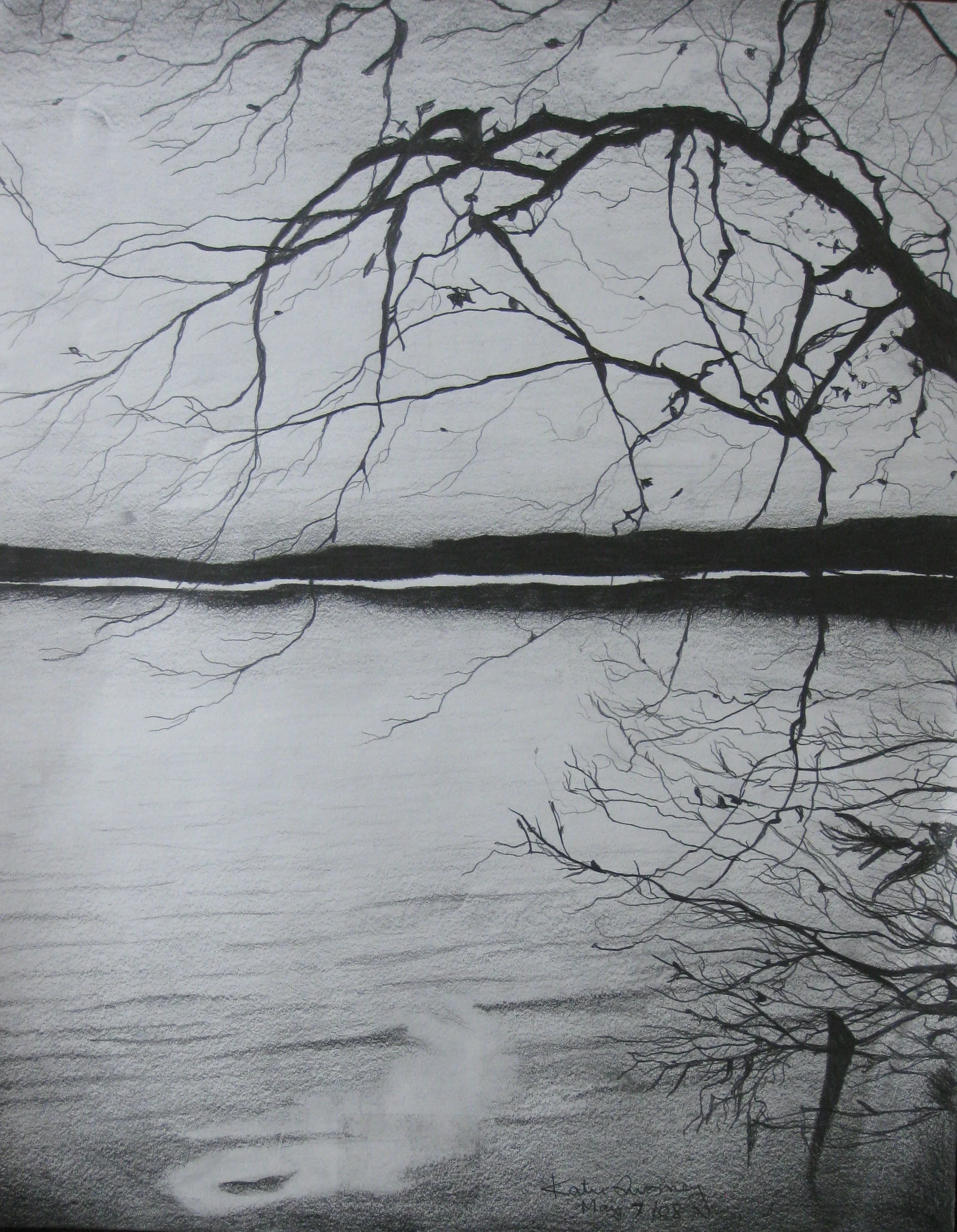 'Lake-Escape', graphite pencil drawing on paper.