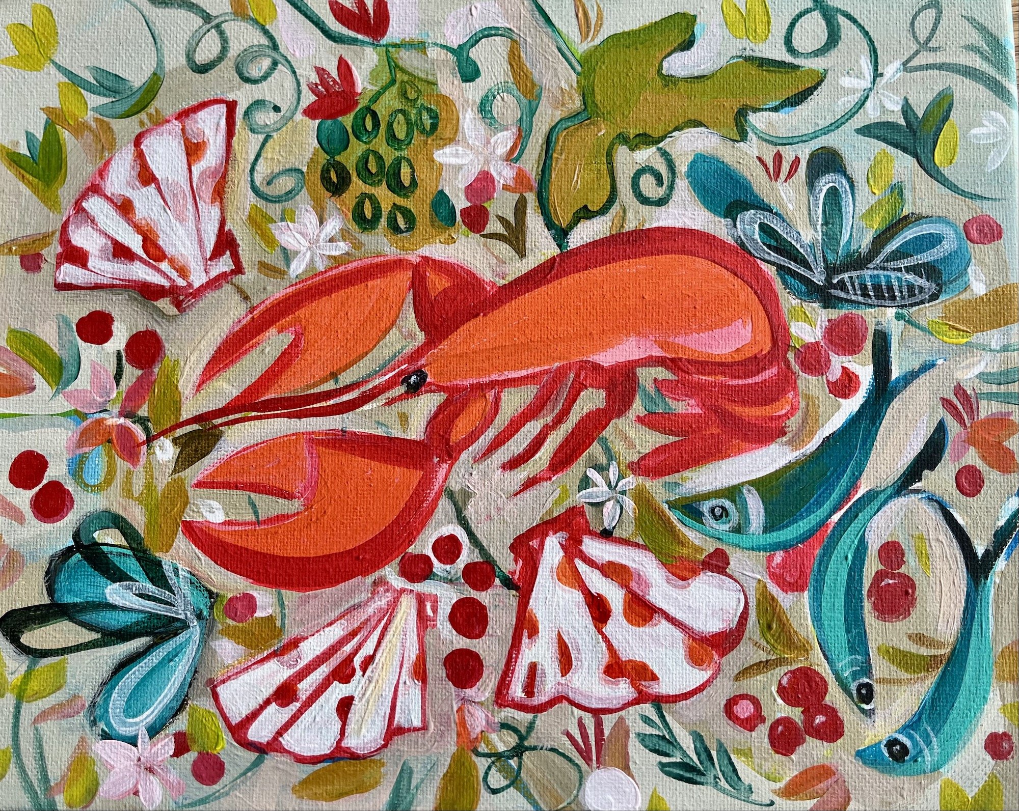 Lobster and three fish acylic on canvas 20x25cm £520 .jpg