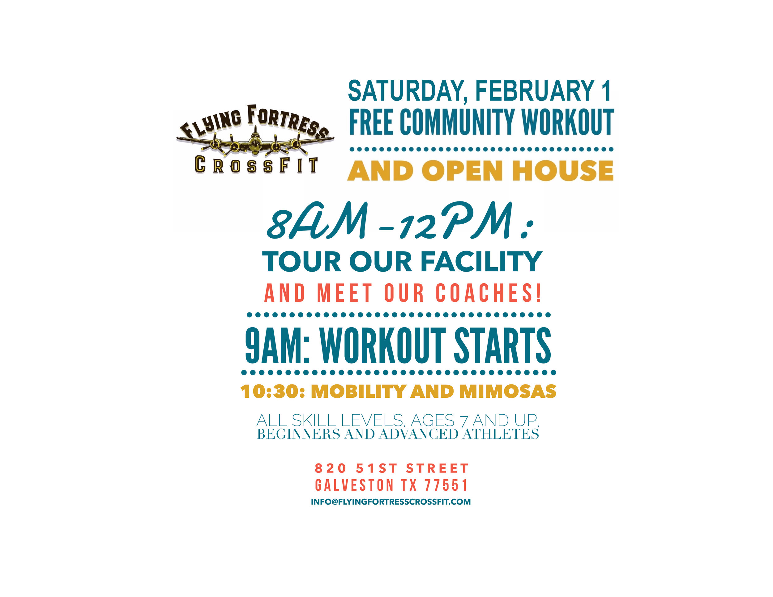 Mark your calendars for Saturday, February 1st at 9AM and join us for our first FREE Community Workout of the year and Open House. Tell all your friends and family!! We want to show off our amazing gym!! We will also have a CrossFit Kids workout for ages 7 and older. Parents are encouraged to participate as well!! Following the workout we will have our "Mobility &amp; Mimosas" class led by coach Jess. We want to extend this "OPEN HOUSE" invitation to anyone who would like to see our facility, meet our coaches, but may not want to workout. So...spread the word! The gym will be open to the public from 8-12. If you have any questions, please contact kara@flyingfortresscrossfit.com *Please  SIGN A WAIVER  if you plan on working out or doing the mobility class!!!