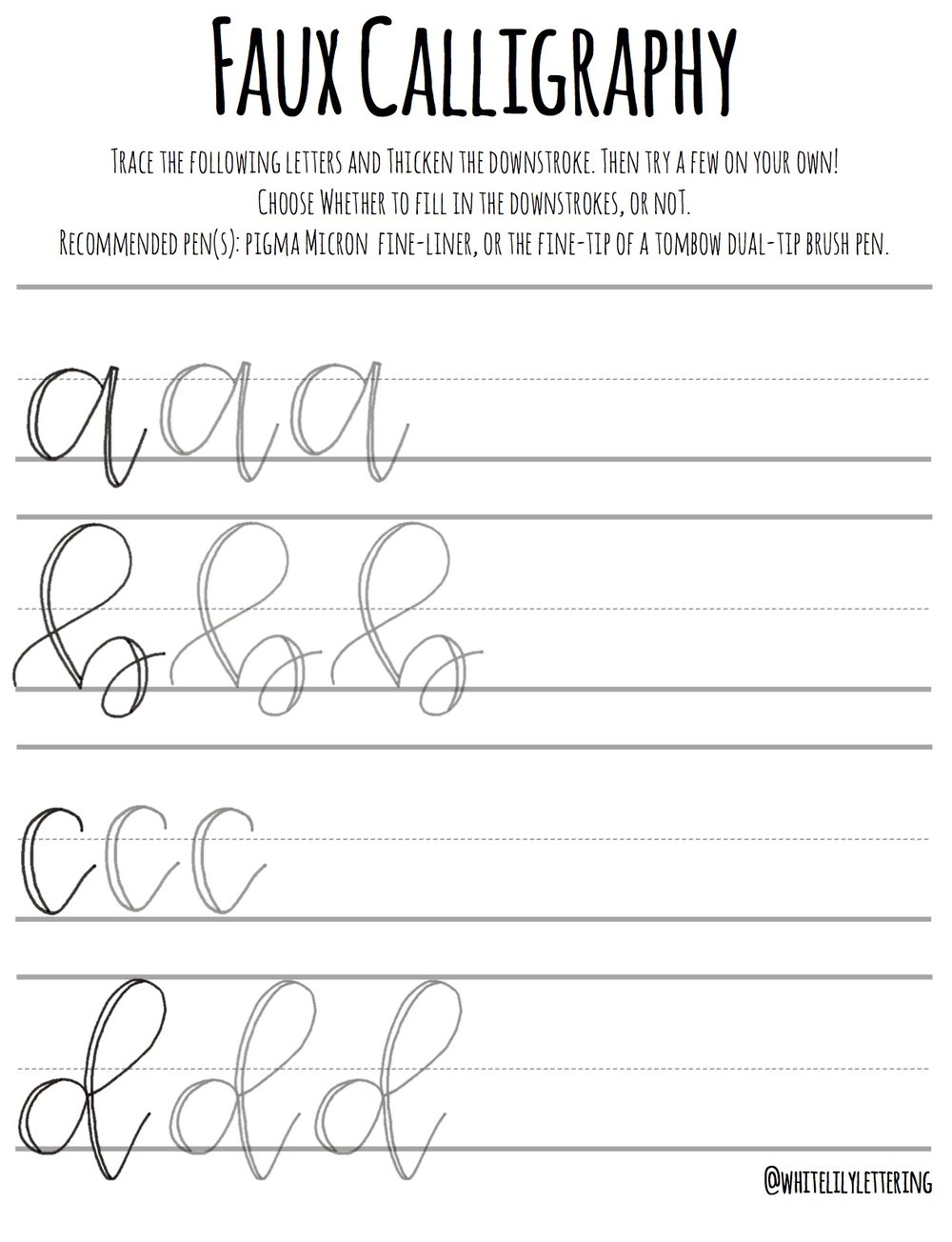 Faux Calligraphy Practice Sheets Lowercase Alphabet White Lily Lettering