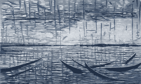 Heavy Rain/Sinking Boats Reductive Woodblock Print Oil ink on paper 10 x 6" 2017