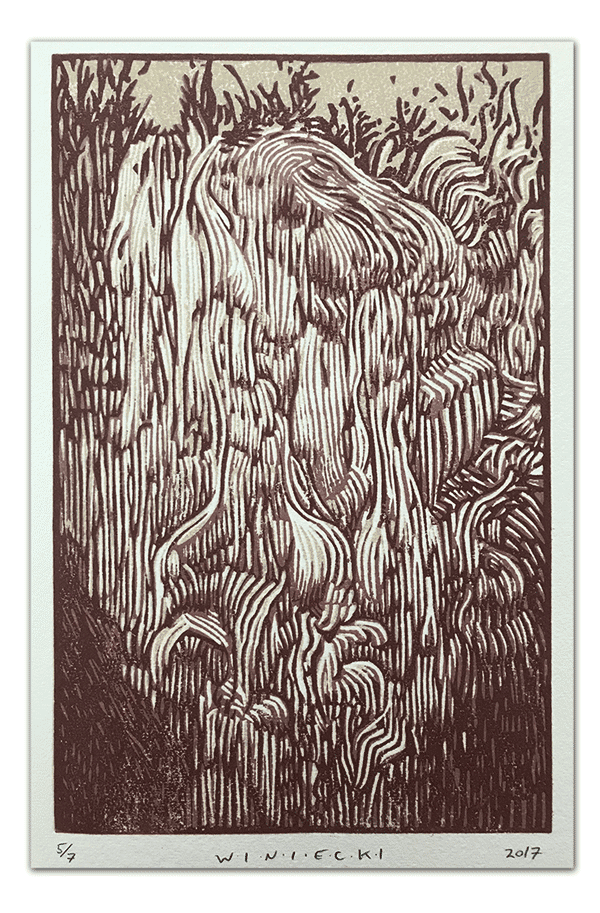 Waterfall Reductive Linocut 2017