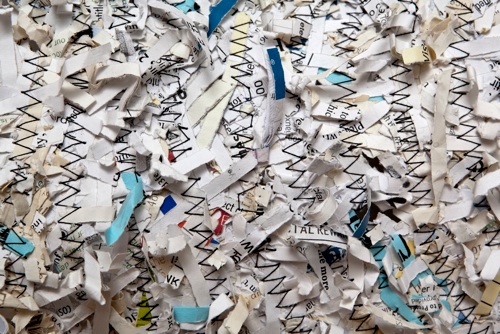 detail, rug , shredded paper, thread 46 x 46 cm.