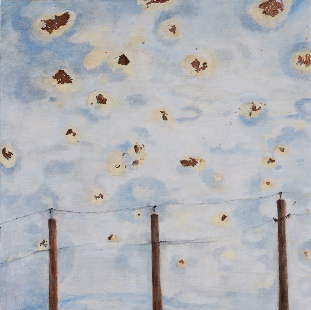 Transmit, 2025, copper leaf, oil on wood panel, 30 x 30 cm