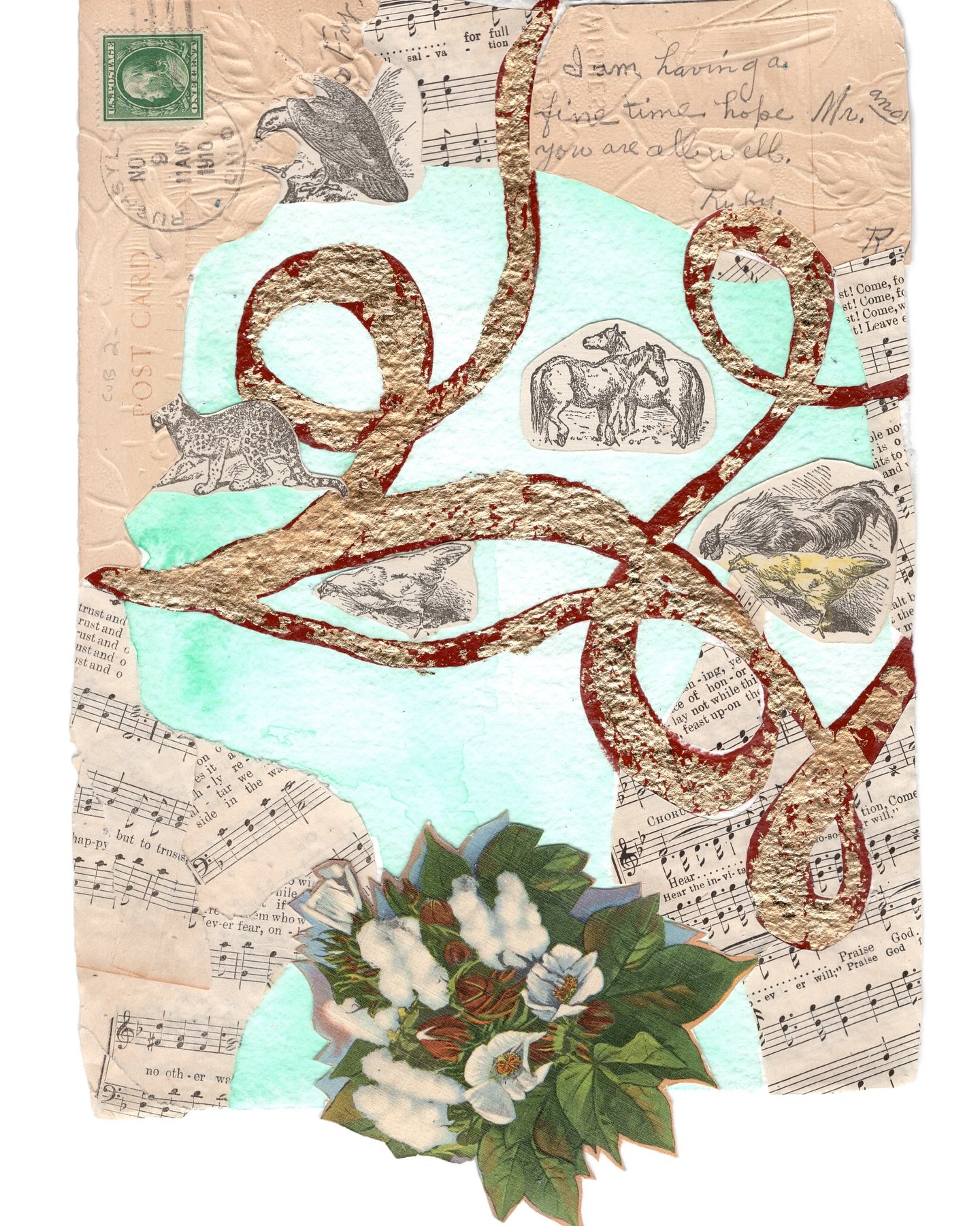 Girltalk 2025, collage and mixed media on paper, 7.25&times;9.5&rdquo;
This piece offers a side view of a girl, but it&rsquo;s her inner world that comes forward. A tiger, a horse, a chicken, a line of music, an old handwritten letter&mdash;all float