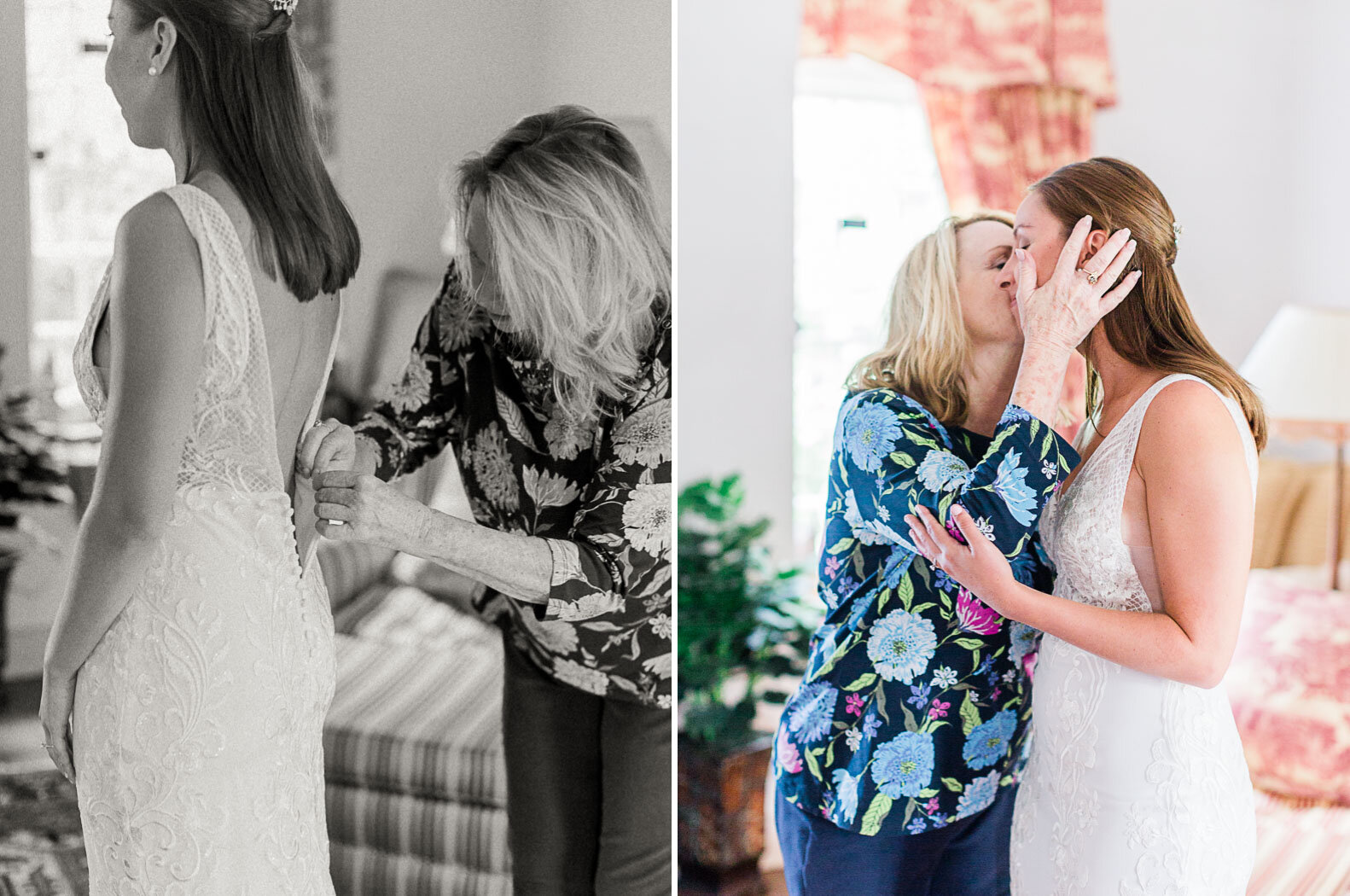 mother-of-the-bride-buttoning-wedding-dress-and-kissing-her-daughter