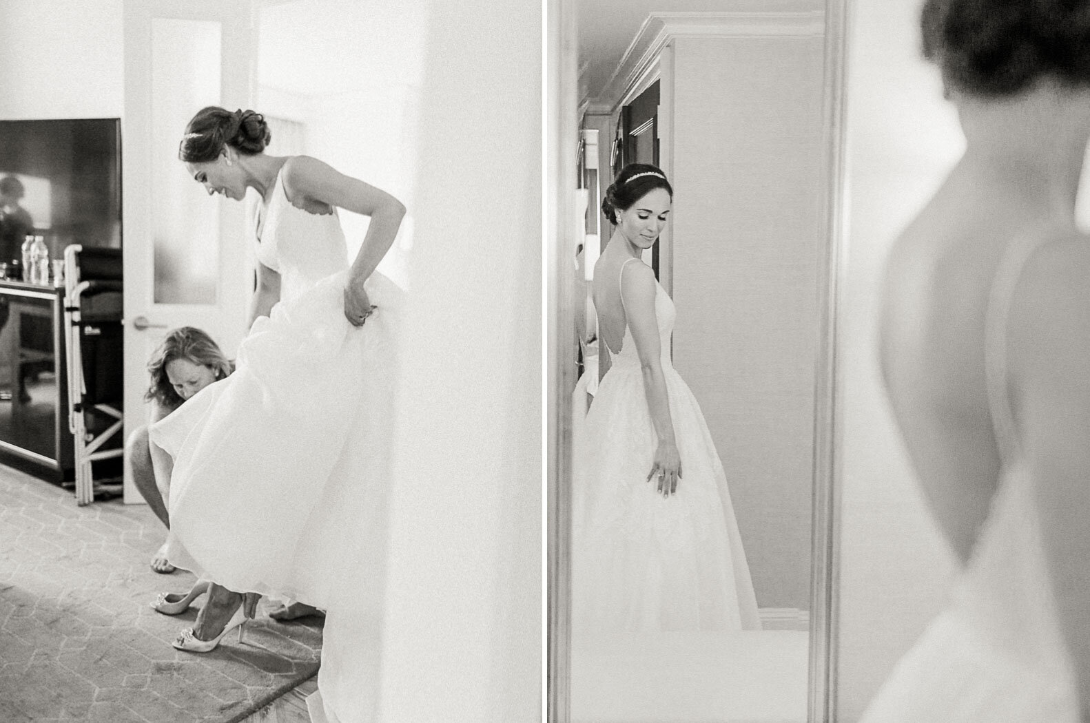ritz-carlton-wedding-washington-dc-charlottesville-wedding-photographer-bride-putting-on-dress-black-and-white.jpg