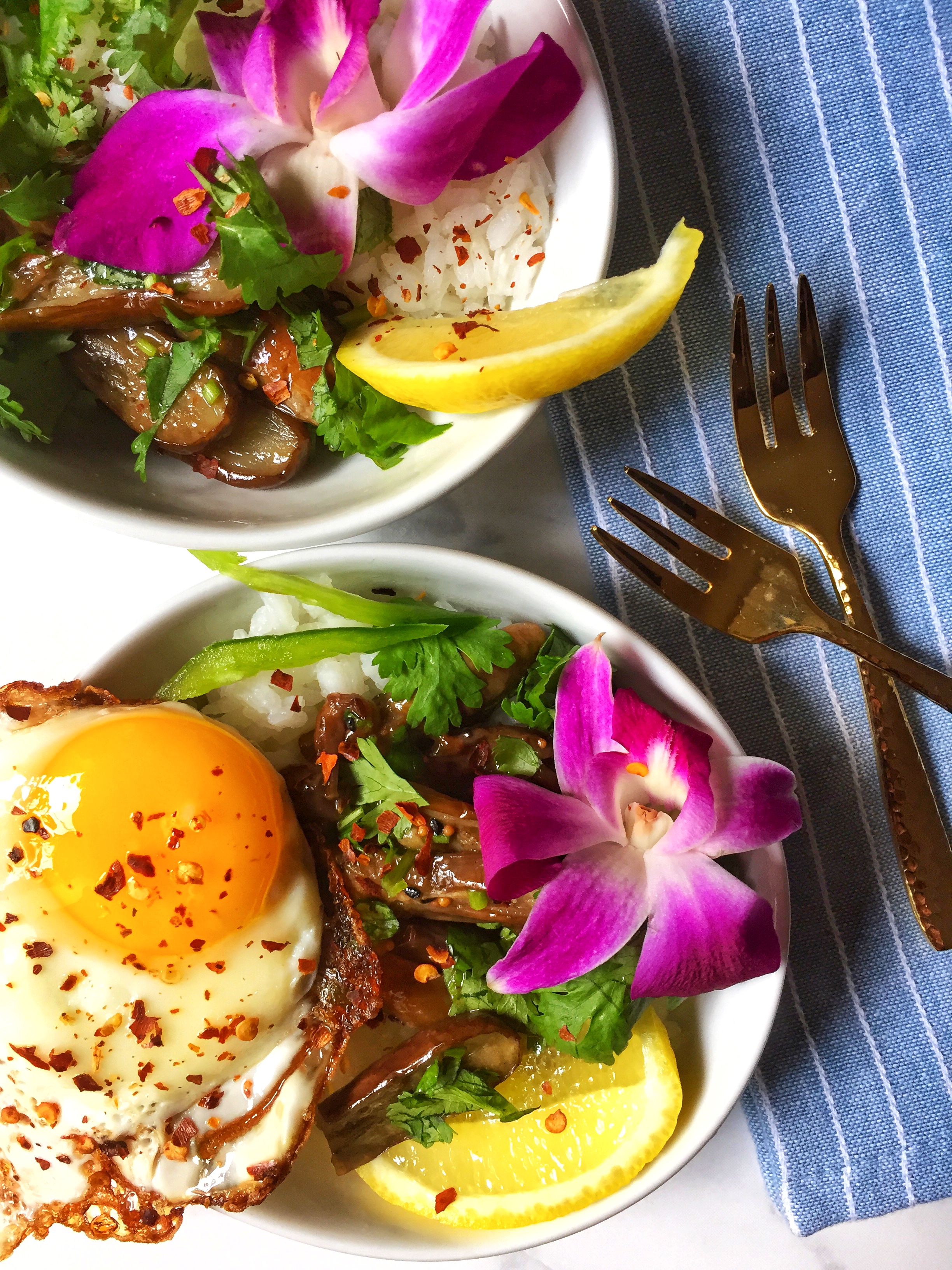 tangy, sweet, and spicy tamarind eggplants with jasmine rice, chili, and a crispy fried egg ~