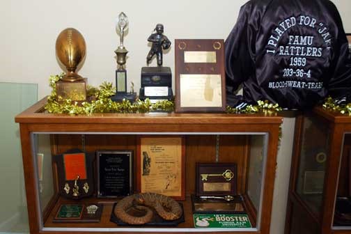 Exhibit of trophies, plaques, awards, and other memorabilia from Jake Gaither’s legendary career.