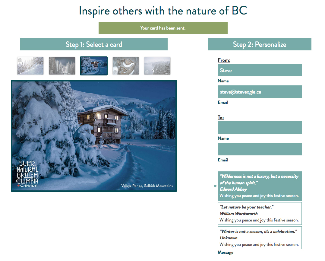 Destination BC Destination B.C.’s new brand is moody and powerful, bringing to life this amazing province’s raw and natural beauty. My task was to capture wintertime elements in the Kootenay region via this style. Some of my work has been used as overall signature imagery for this new brand push. Here’s a postcard you can get for free .