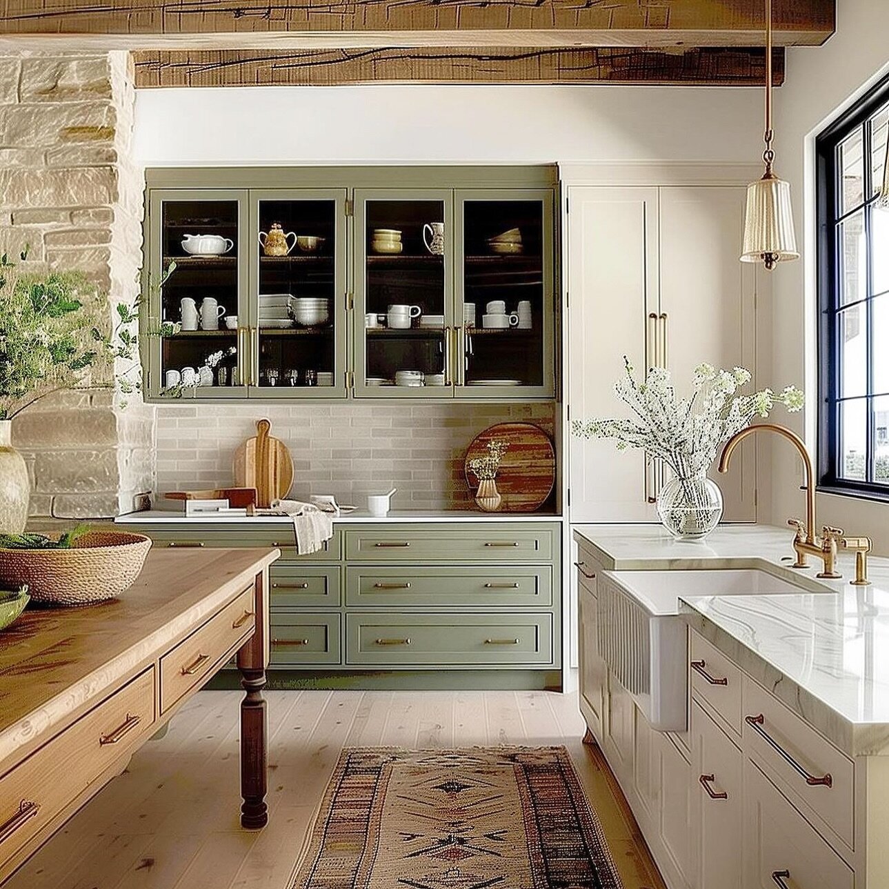 Eye candy. So much eye candy to feast your eyes on here. My favorite(s)&hellip; the shade of green on the custom cabinetry, the dainty pendant, and the French inspired island ✨ #oldandnew 
.
Design| @vivirdesign