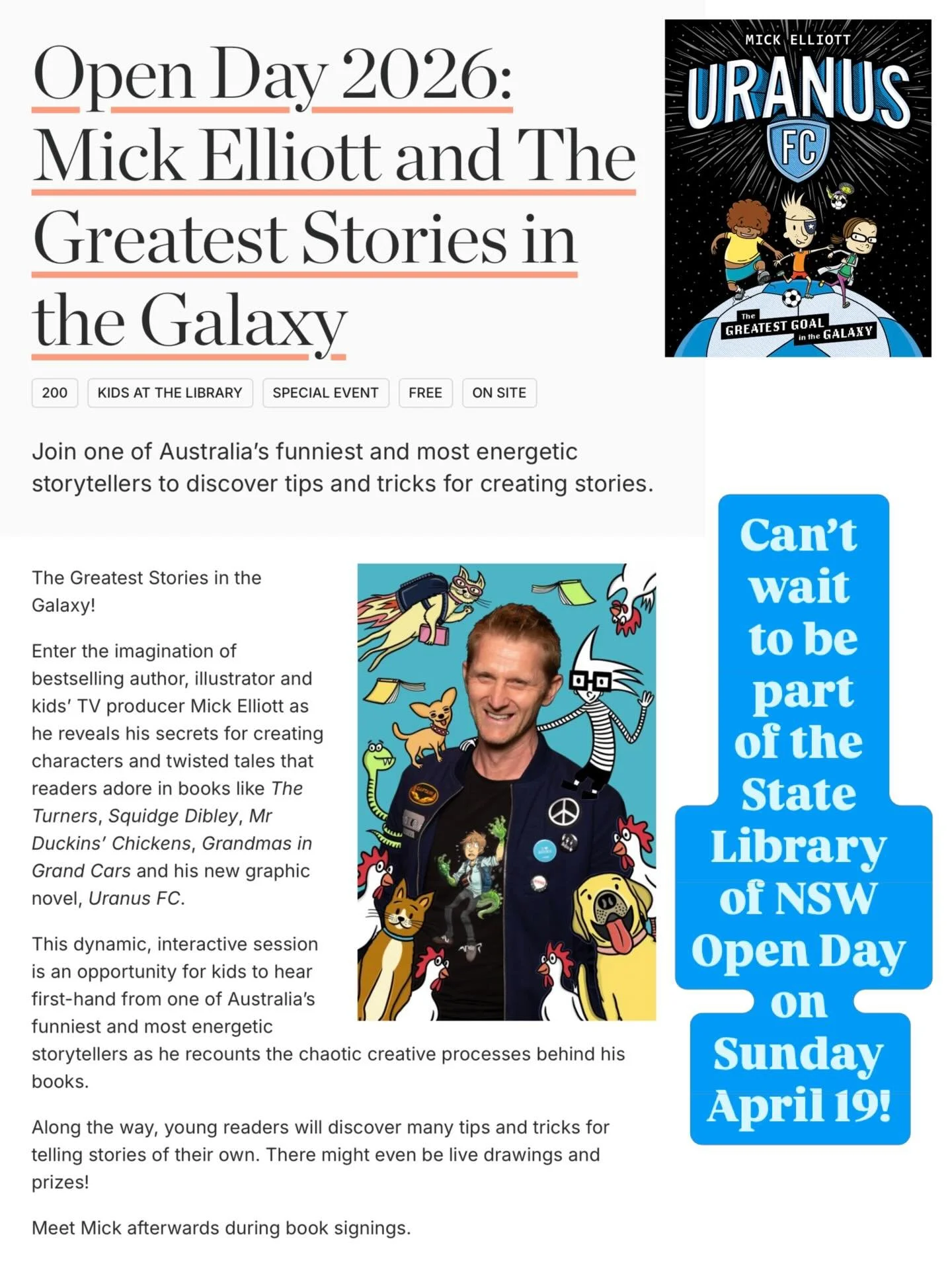 Excited to be talking about my new graphic novel URANUS FC - THE GREATEST GOAL IN THE GALAXY at the @statelibrarynsw OPEN DAY on Sunday April 19. It kicks off at 10.00am. I am presenting at 2.00pm and it is FREE! ☺️⚽️📚🚀
Search up STATE LIBRARY NSW 