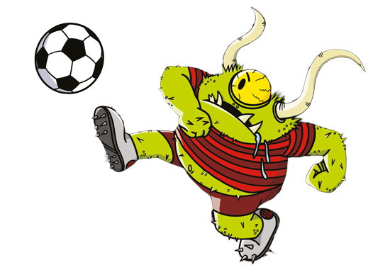 Colour illustration of a green monster with one eye and two big horns kicks a soccer ball. He wears an ill-fitting red and maroon jersey with his tummy hanging out.