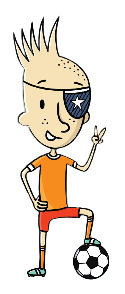 Colour illustration of the Tyko Brayne. He has his foot on a soccer ball. He has spike hair and one patch with a star over his left eye.