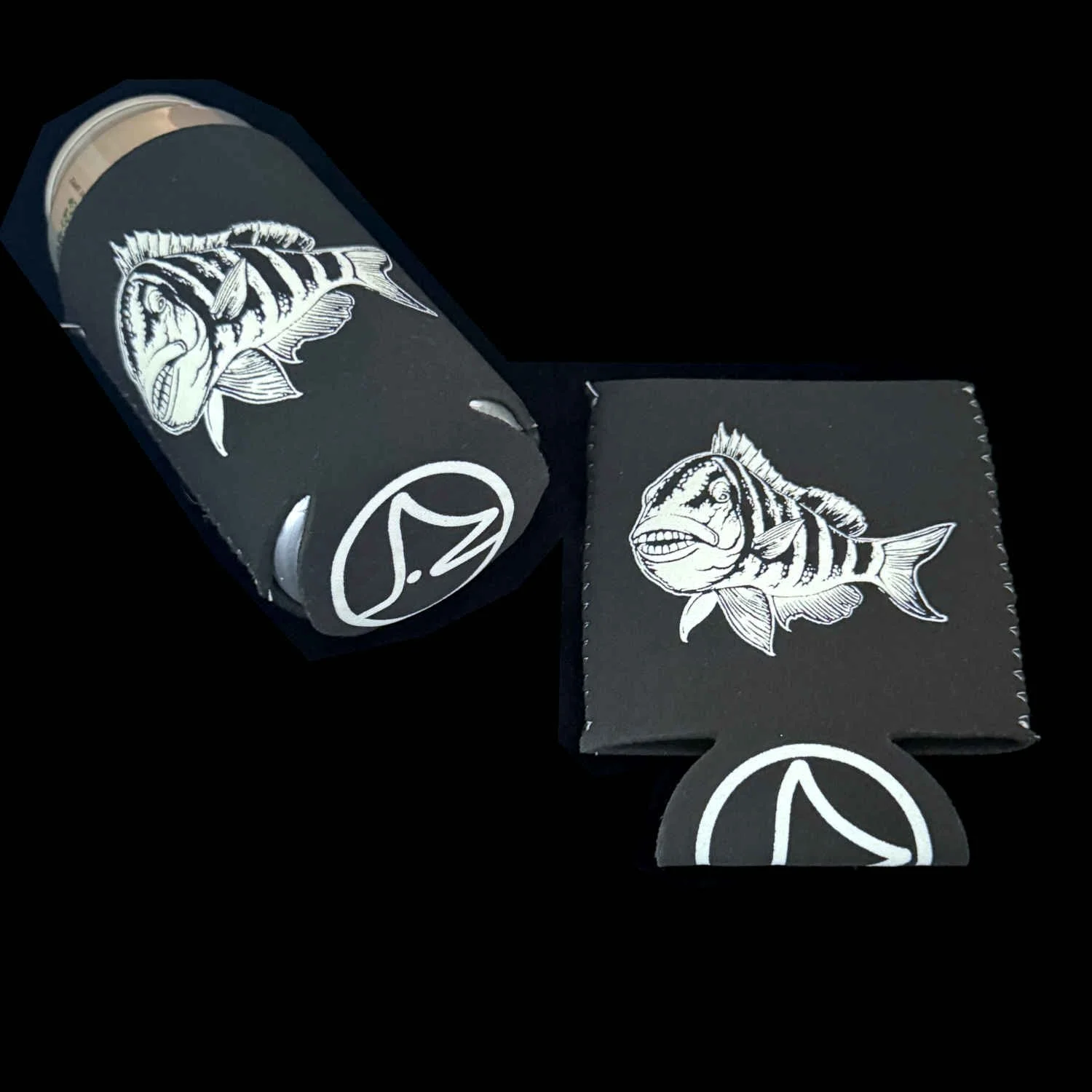 Fly Fishing Koozie - Marsh Donkey Sheepshead - Black White.JPG