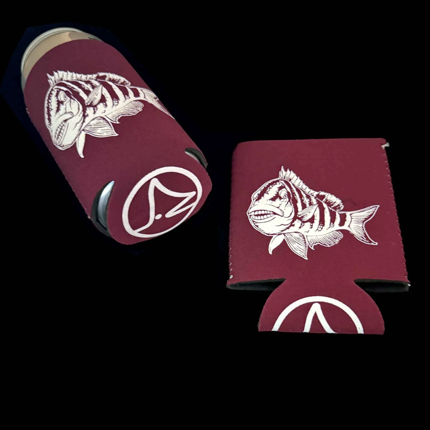 Fly Fishing Koozie - Marsh Donkey Sheepshead - Maroon White.JPG