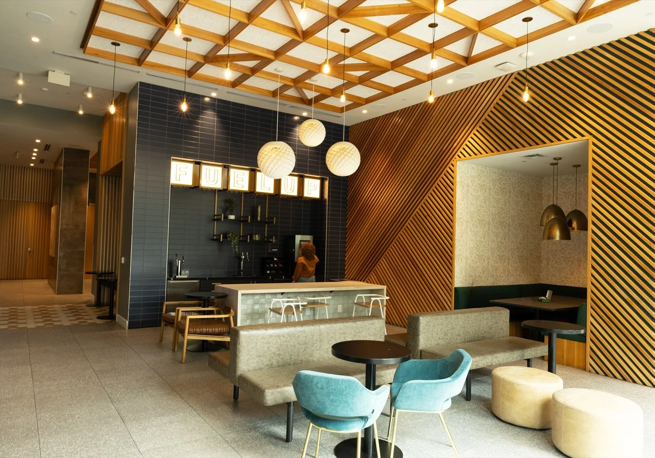 Inside Torre, this coffee bar was designed as a warm, everyday amenity for the entire residence&mdash;a place where students can bring their own mugs, grab a complimentary drink, and settle into the rhythm of the building.⁠
⁠
The signage was treated 