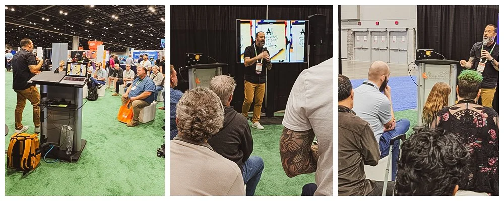 Three images of Studio Dzo's owner and creative director, Russell Toynes, standing on the expo floor at the 2026 ISA Sign expo talking to a large group of people.