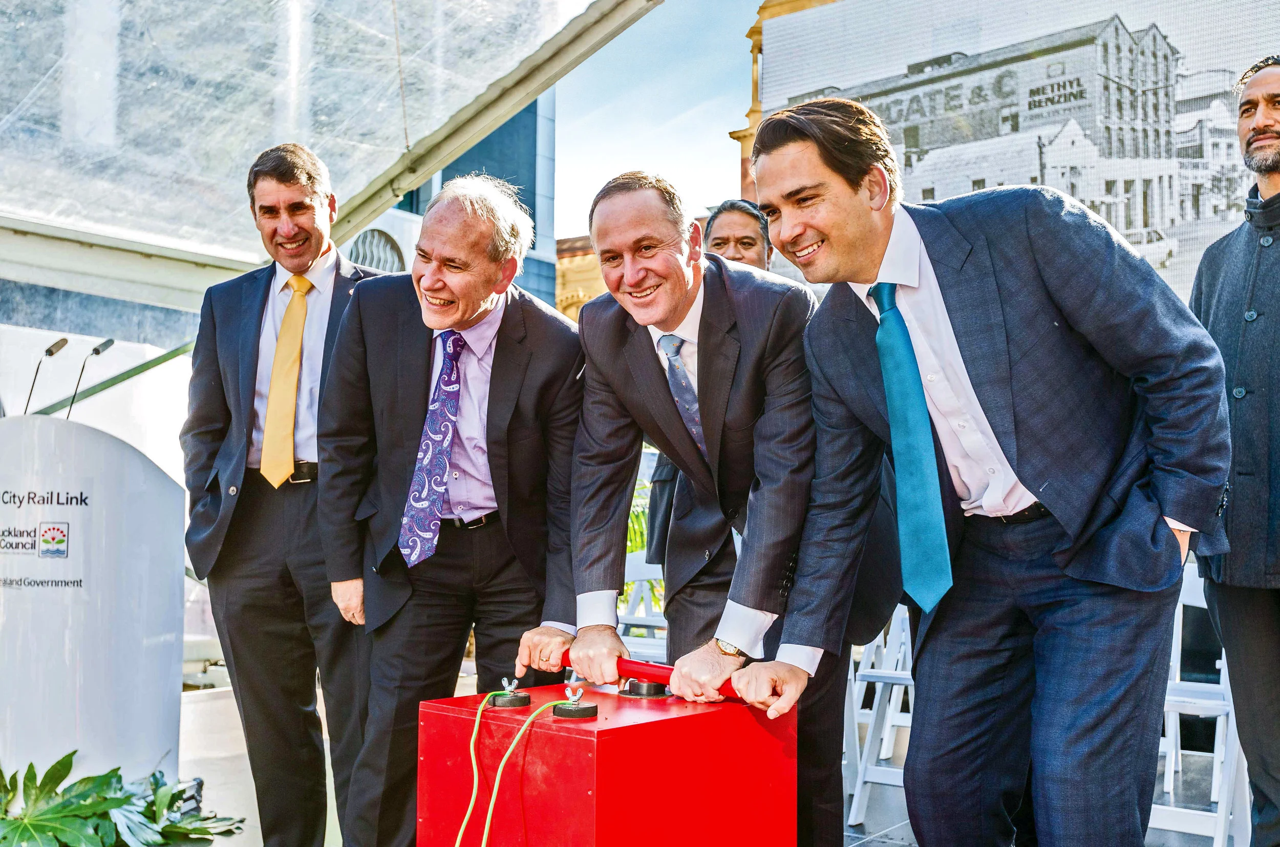 IT'S ALL GO! AT Chair Lester Levy, Auckland Mayor Len Brown, Prime Minister John Key and Transport Minister Simon Bridges at the historic groundbreaking ceremony for the CRL in Downtown Auckland June 2016