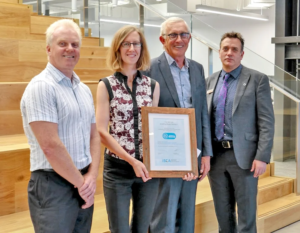AWARD CEREMONY: Left to right Dale Burtenshaw, Project Director, Downer and Soletanche Bachy Joint Venture, Liz Root, CRL Principal Sustainability Advisor, CRL Project Director Chris Meale and Antony Sprigg, CEO ISCA