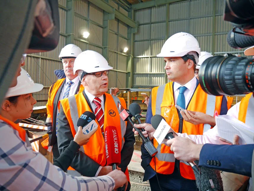 HEADS OF AGREEMENT: Auckland Mayor Len Brown and Transport Minister Simon Bridges talk to media