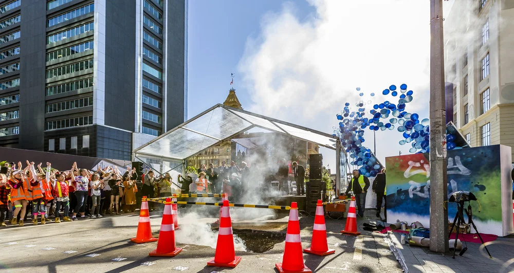GROUNDBREAKING: Balloons and an explosion helped mark the start of construction