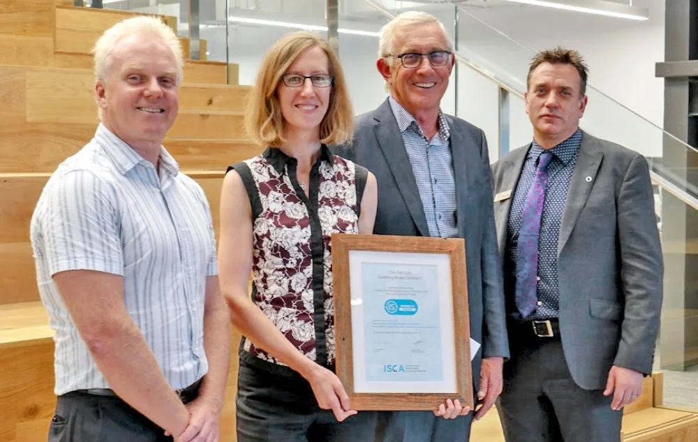 CONTRACT 1: Left to right: Dale Burtenshaw - Project Director, Downer and Soletanche Bachy Joint Venture, Liz Root - CRL Principal Sustainability Advisor, Chris Meale - CRL's First Chief Executive and Antony Sprigg - CEO ISCA, at the announcement of the IS "Leading" rating for Contract 1
