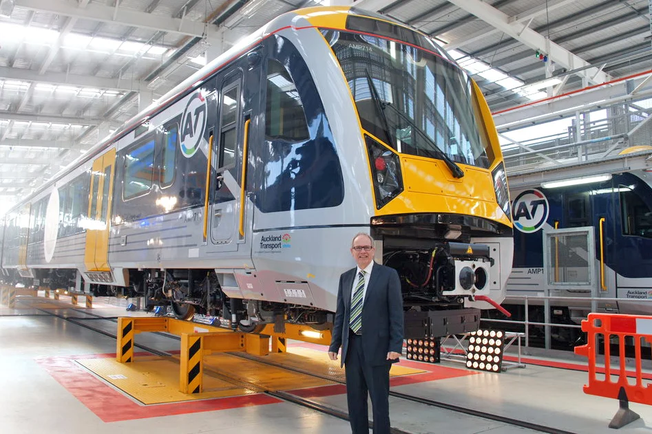 THEY'RE HERE! Finally the Spanish-made electric trains arrive in Auckland pleasing Auckland Mayor Len Brown who made the CRL the number one priority of his mayoralty