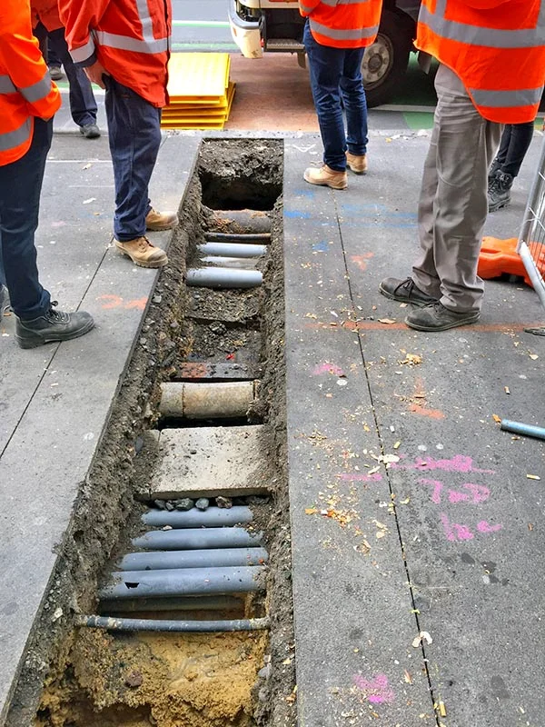 MYSTERY HUNT: Potholes are dug in streets such as here in Albert Street to find out what utilities are beneath the surface. Existing As-built records can be notoriously inaccurate and/or vague especially if those records are decades old, so identifying the owners of the utilities can be quite a task if the utilities are found to be not where the records say they should be!