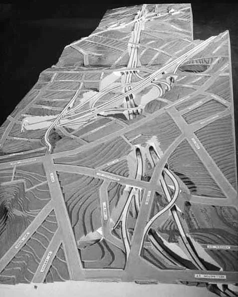 MOTORWAY PLAN: This model of the proposed motorway interchange over Newton Gully was being displayed in the late 1950s (Photo: Sir George Grey Special Collections, Auckland Libraries, 580-3916)