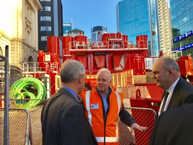 CRL: Auckland Mayor Phil Goff and Finance Minister Steven Joyce inspect the construction outside the Britomart Transport Centre